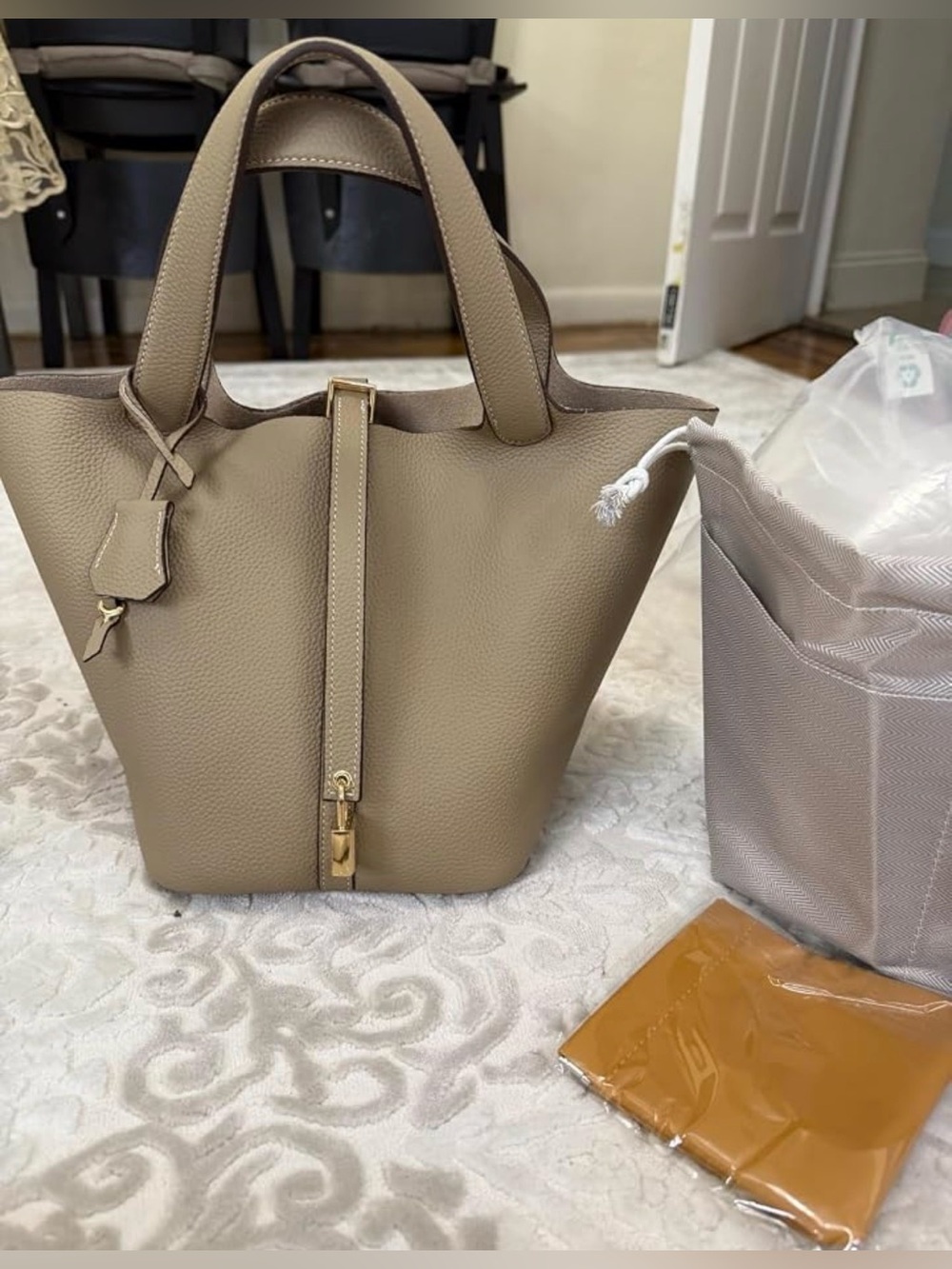 Genuine Leather Taupe Lock Bucket Bag Women Structured Handbag Shoulder Purse